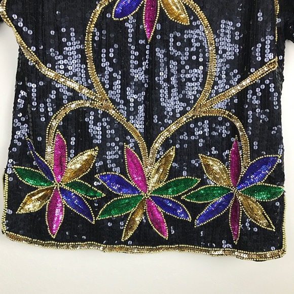 VINTAGE 100% Silk Sequined Black Floral Blouse S - Picture 7 of 8